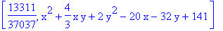 [13311/37037, x^2+4/3*x*y+2*y^2-20*x-32*y+141]